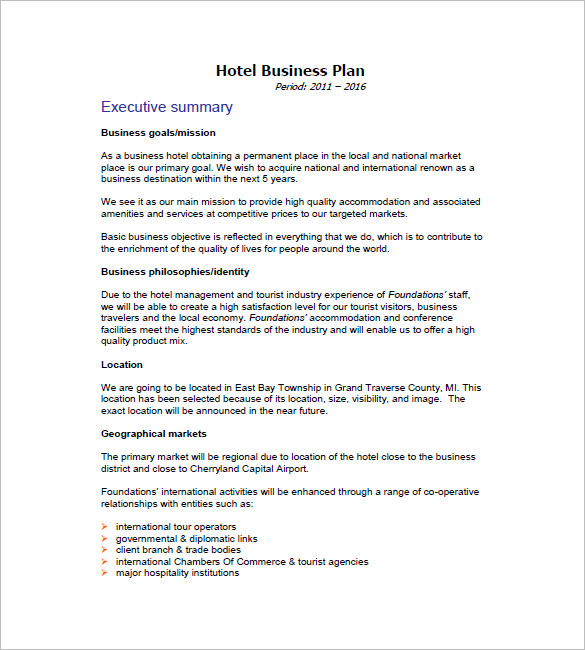 sample hotel business plan template