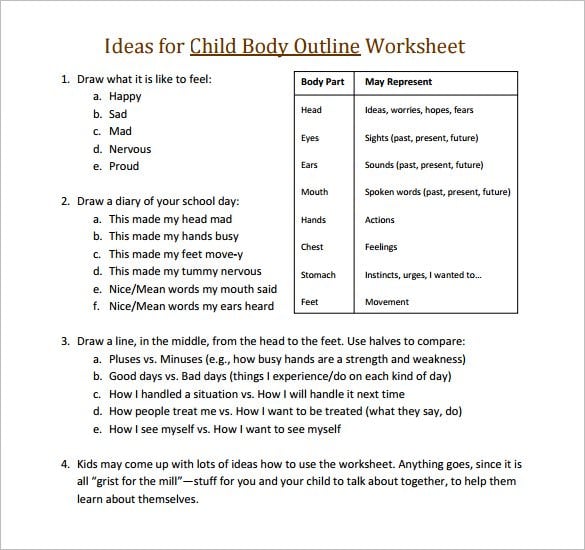 sample ideas for child body outline worksheet pdf