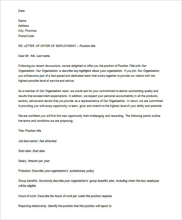 sample offer letter template from hr doc download