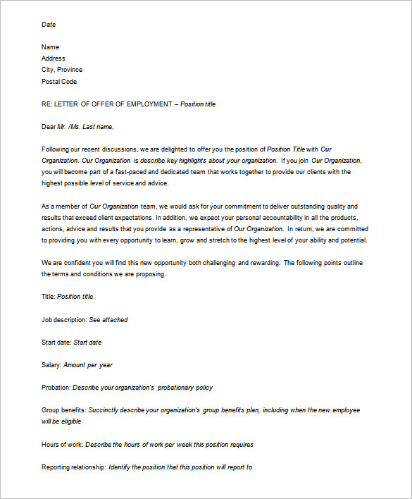 sample offer letter template from hr doc download