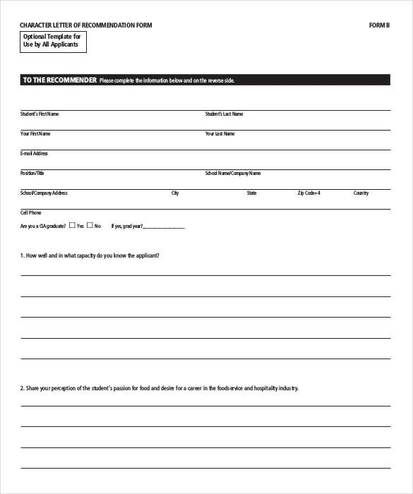 sample personal character recommendation letter form