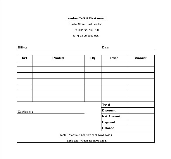 sample restaurant receipt template in excel