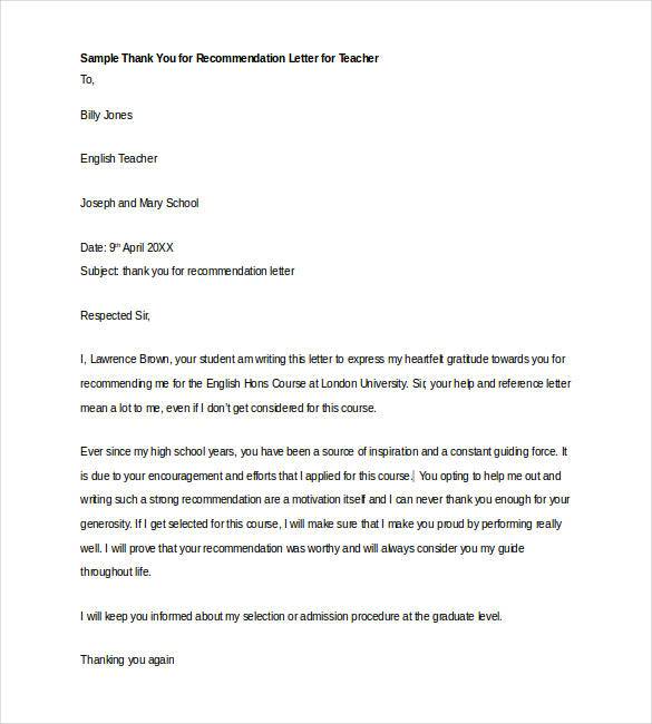 sample thank you for recommendation letter for tea