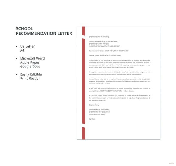 school recommendation letter template