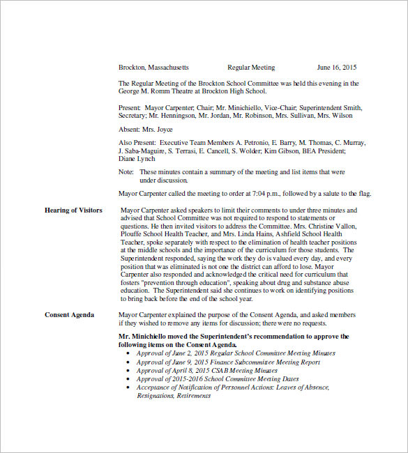 school staff meeting minutes template format