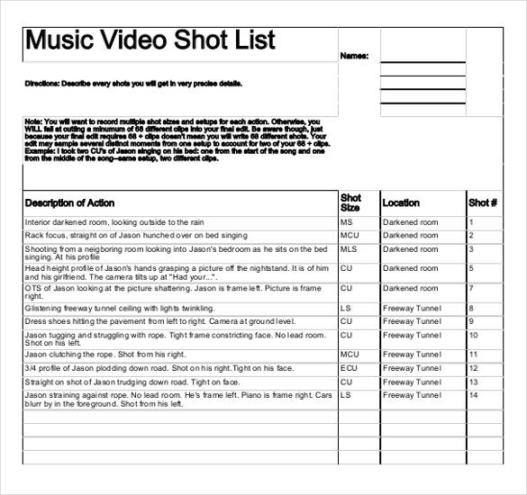 Music Video Shot List Template Database Gambaran