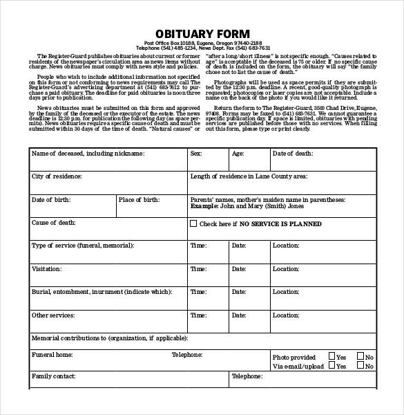 standard obituary form download
