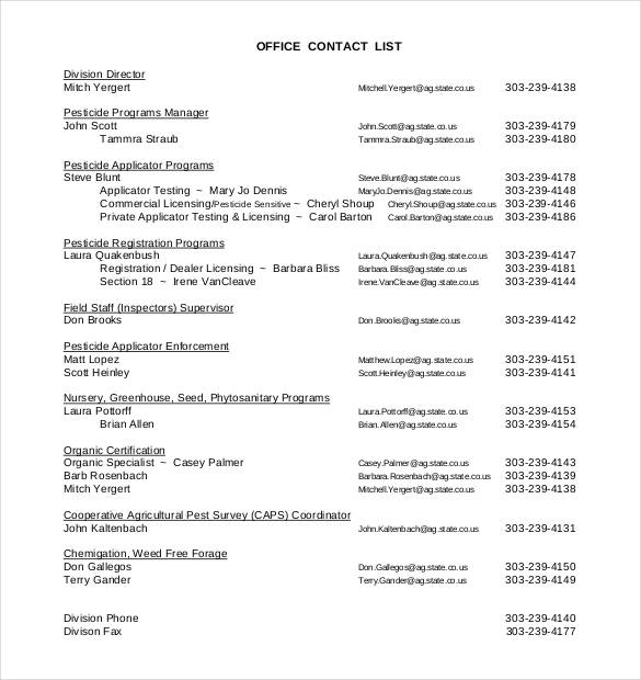 standard office contact list template