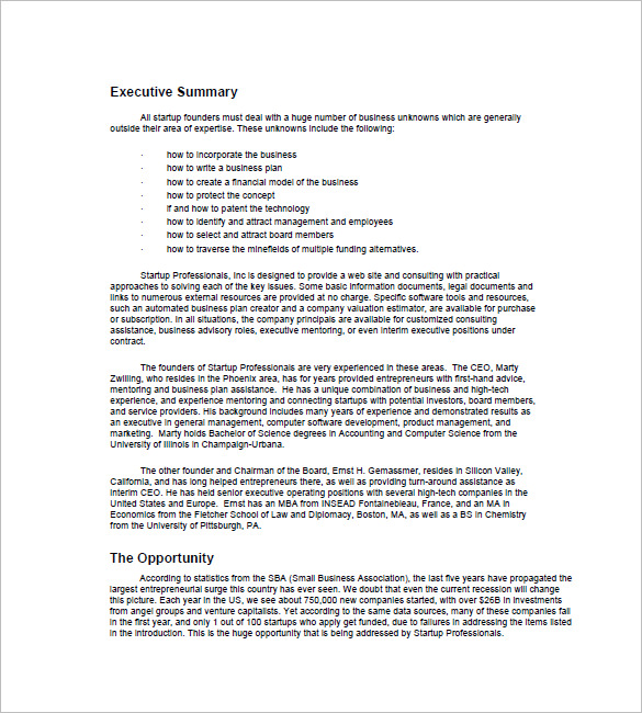 start up summary business plan