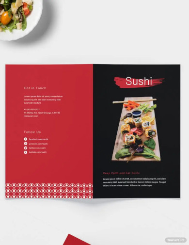 sushi restaurant take out bifold brochure template