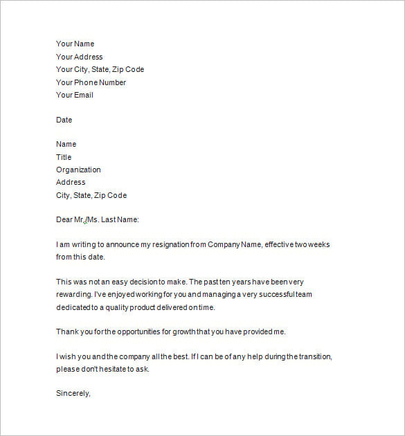 two weeks notice resignation letter