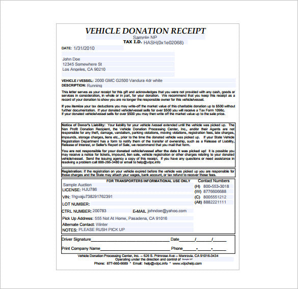 vehicle donation receipt pdf download