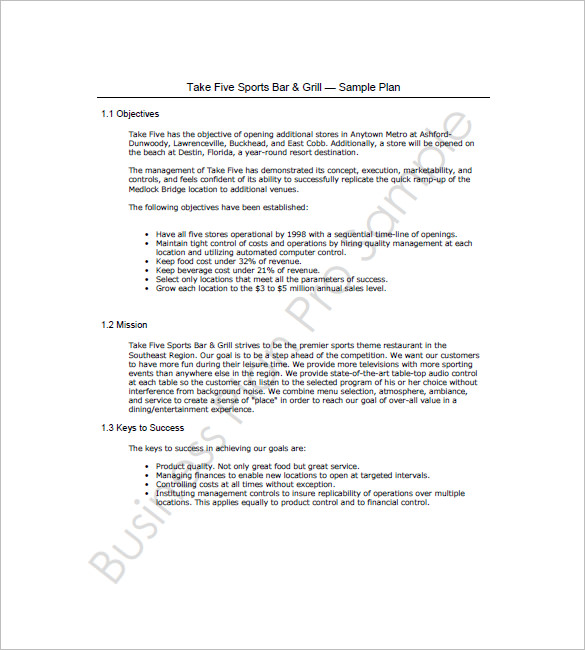 sample bar and grill business plan