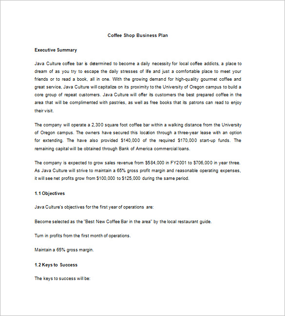 business plan for a coffee shop pdf