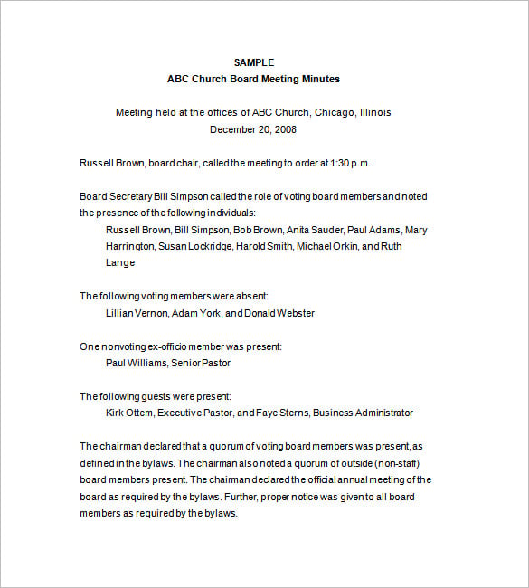 church board of directors meeting minutes template