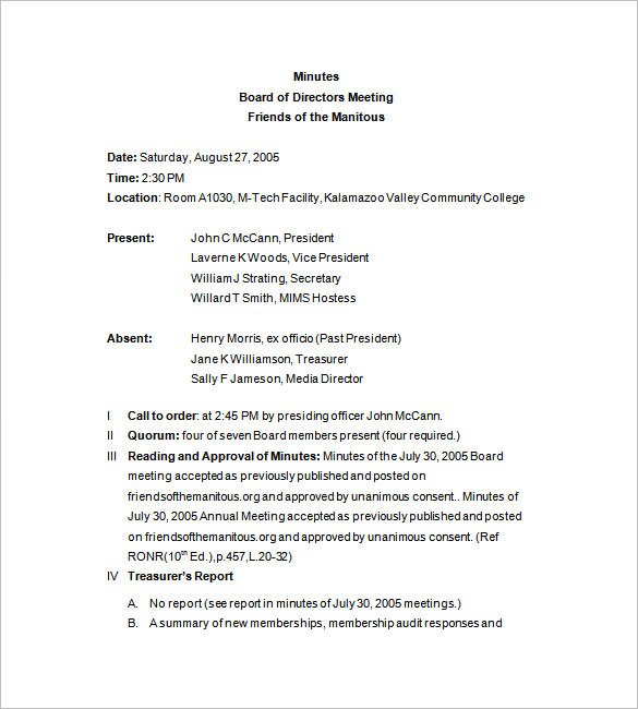 Minutes Template For Board Meeting