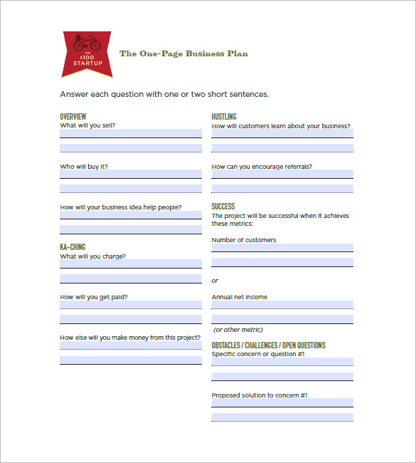 one page business plan template