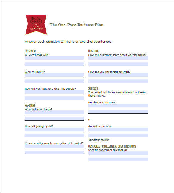 One-page business plan template free download image