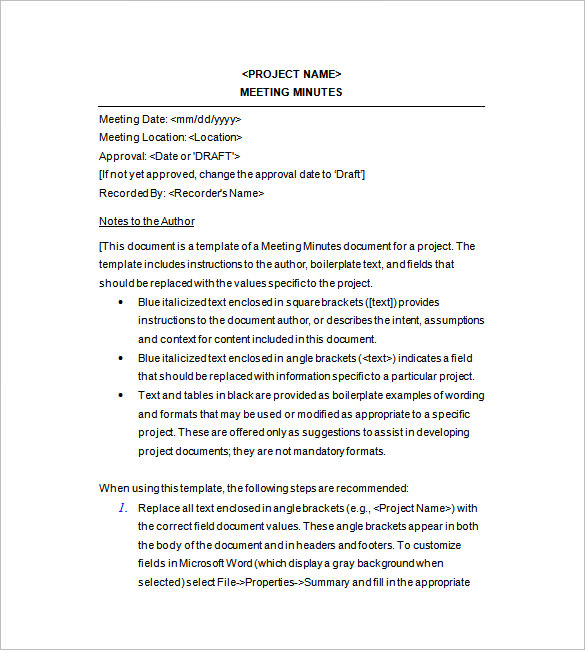 sample project meeting minutes template