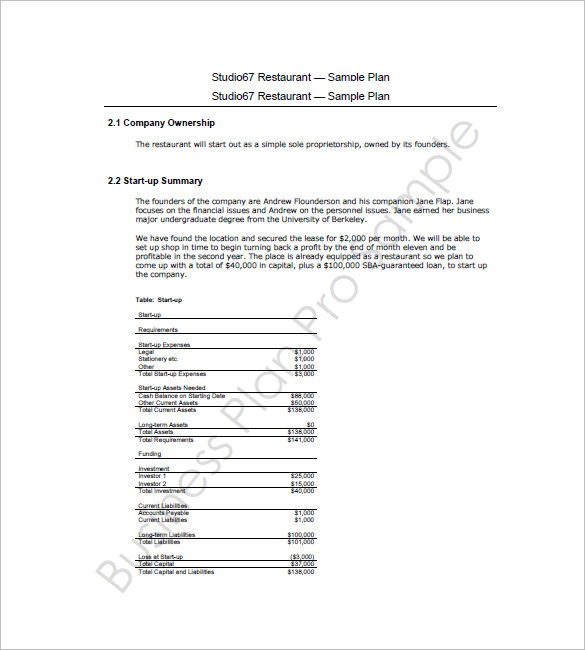 Sample of restaurant business plan