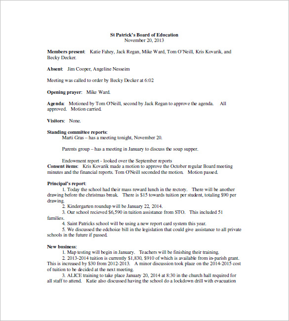 school board meeting minutes template