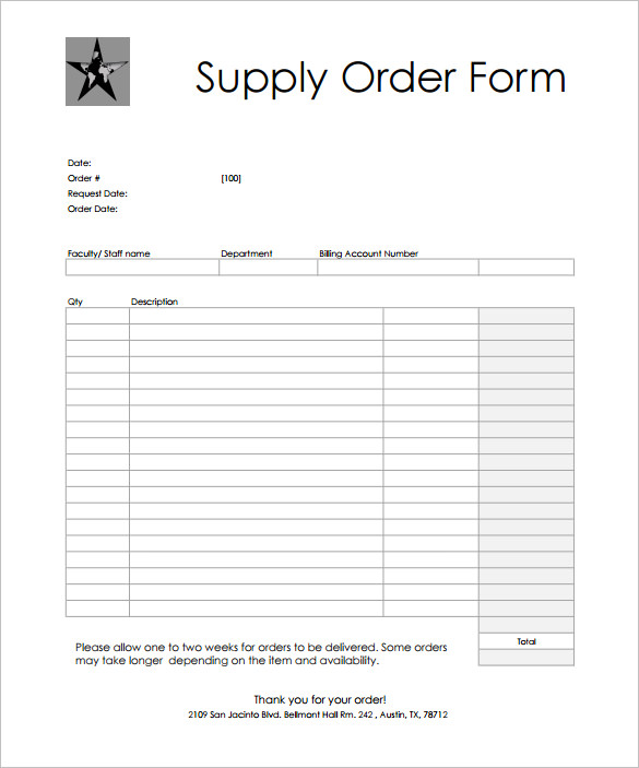 Printable Supply Order Form Template Printable Templates