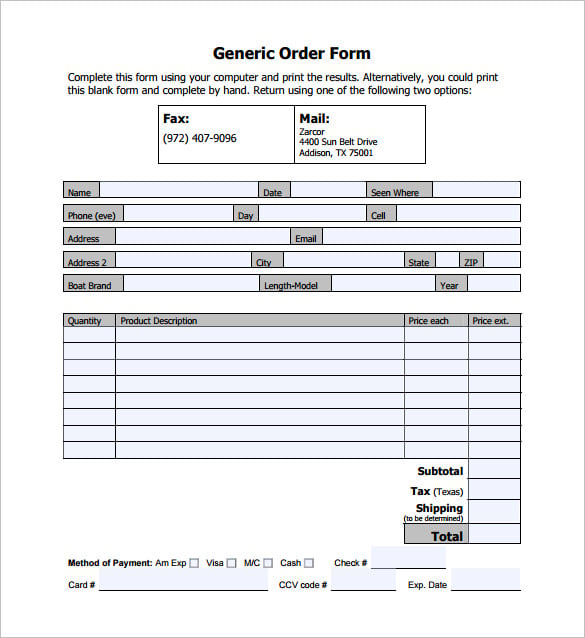 generic order form template pdf download