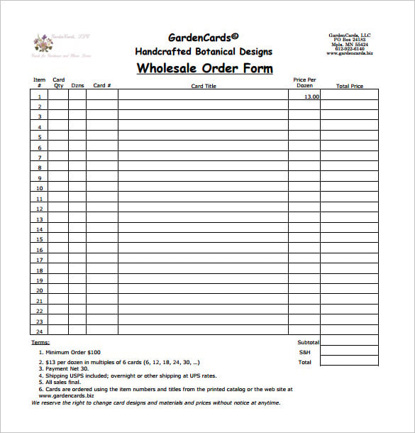 sample wholesale order form template pdf