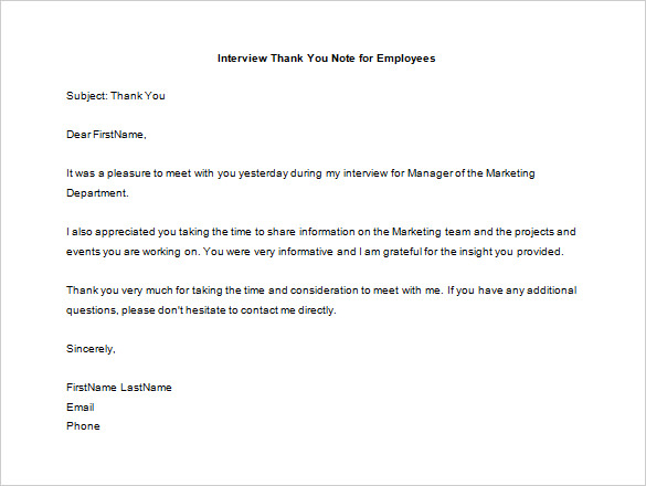 thank you letter to employee after interview