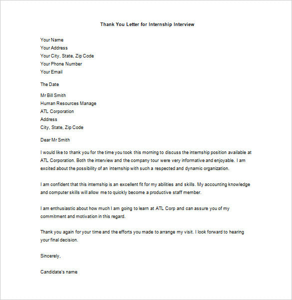 internship thank you letter from company
