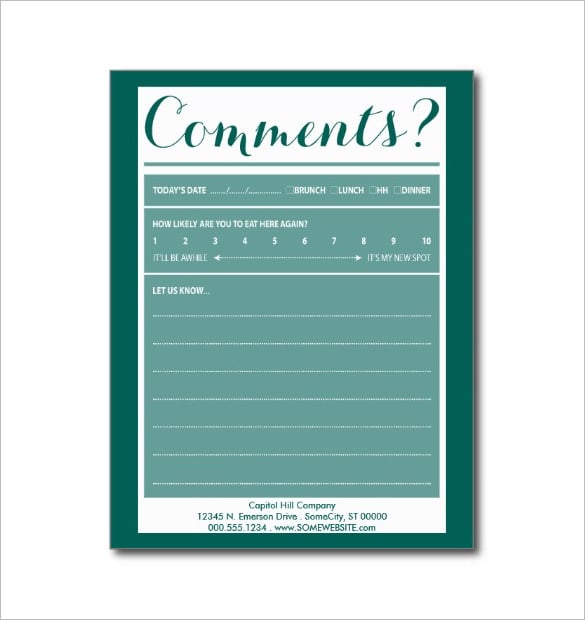 restaurant comment card template download