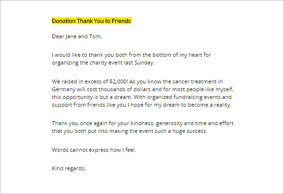 sample printable donation thank you letter