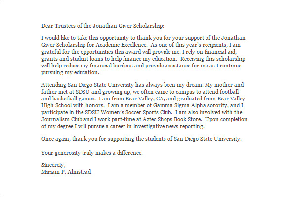 13+ Scholarship Thank You Letter in Word | Apple Pages | Google Docs | PDF