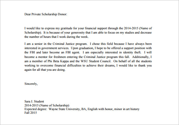 college thank you letter to private scholarship donor