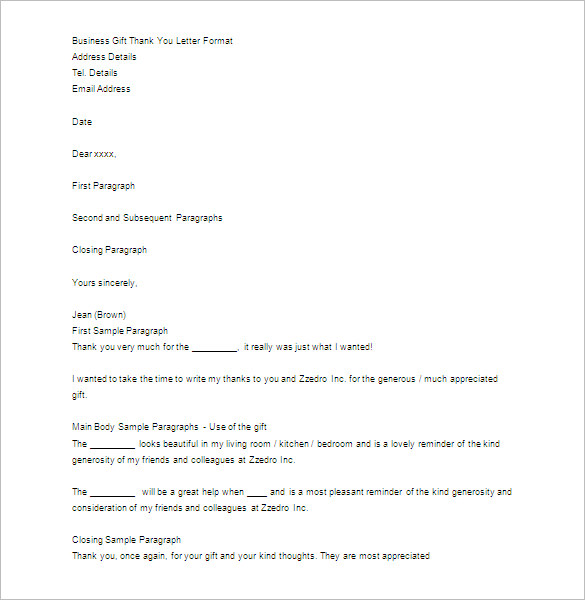 sample business gift thank you letter format download