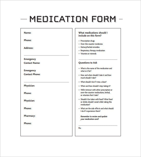 medication card template format download