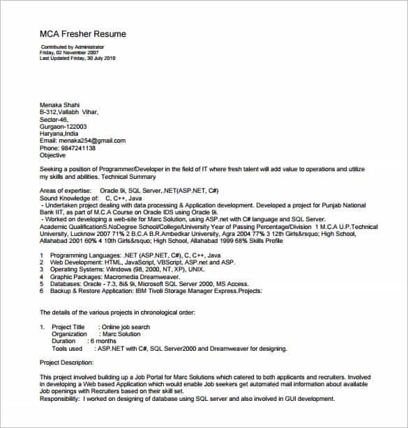 mca resume template for fresher pdf download