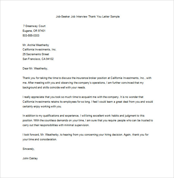 Thank You Letter After Interview – 12+ Free Sample, Example Format ...