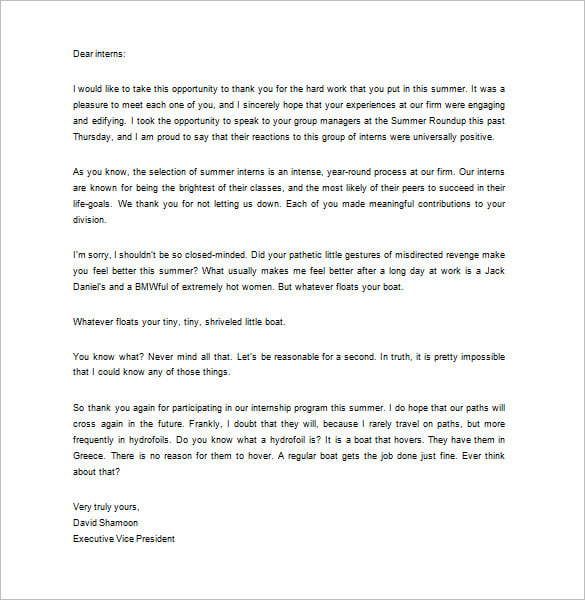 sample internship thank you letter from employer