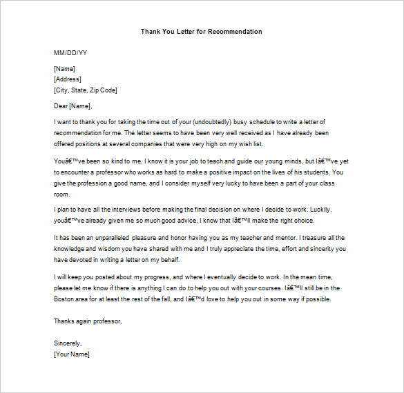 sample thank you letter for recommendation for job download