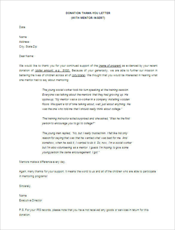 Donor Thank You Letter 10 Free Sample Example Format Download