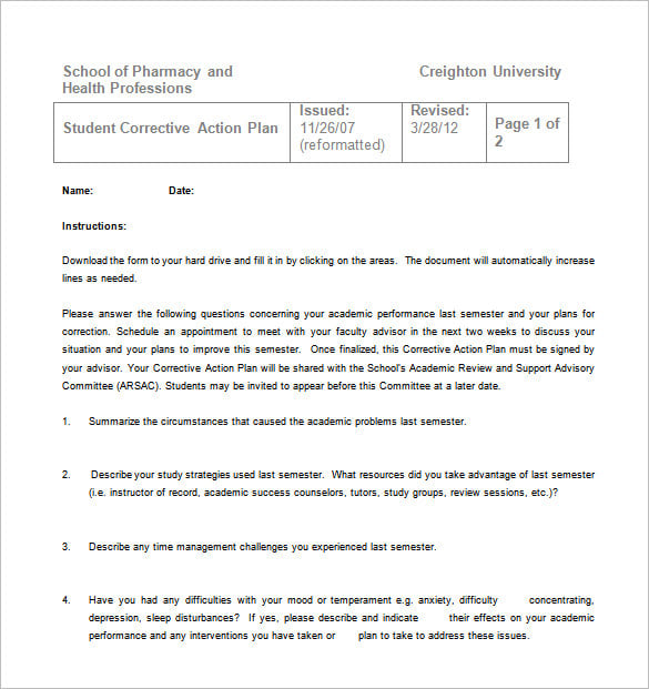 student corrective sample action plan free download