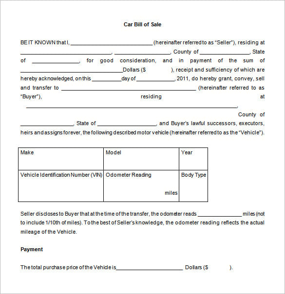 car bill of sale in word doc download for free
