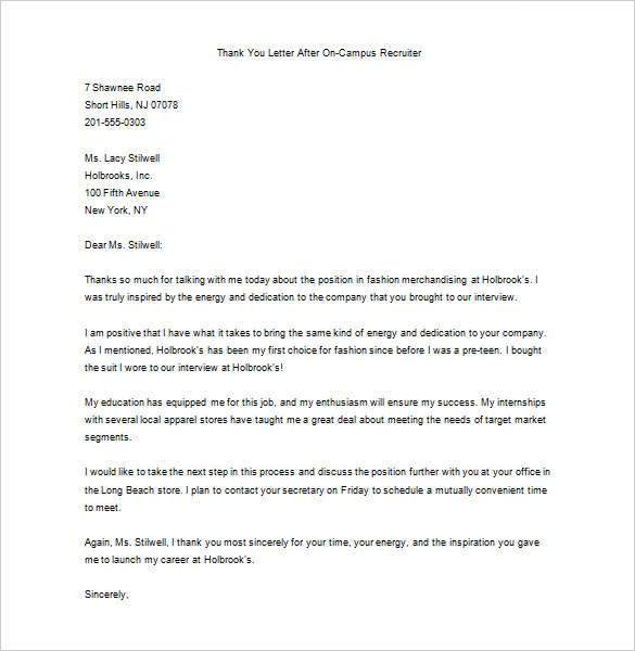 thank you letter after on campus recruiter for free download
