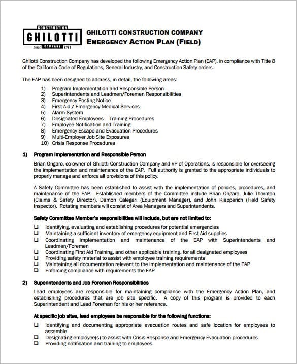 construction emergency action plan format download