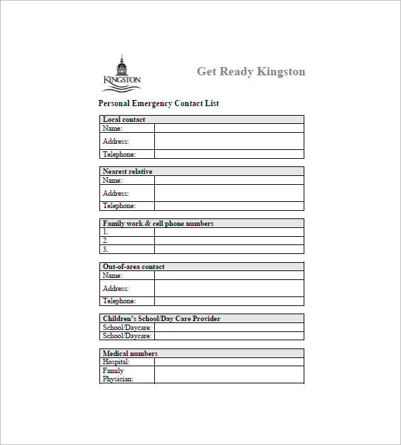 emergency contact list template