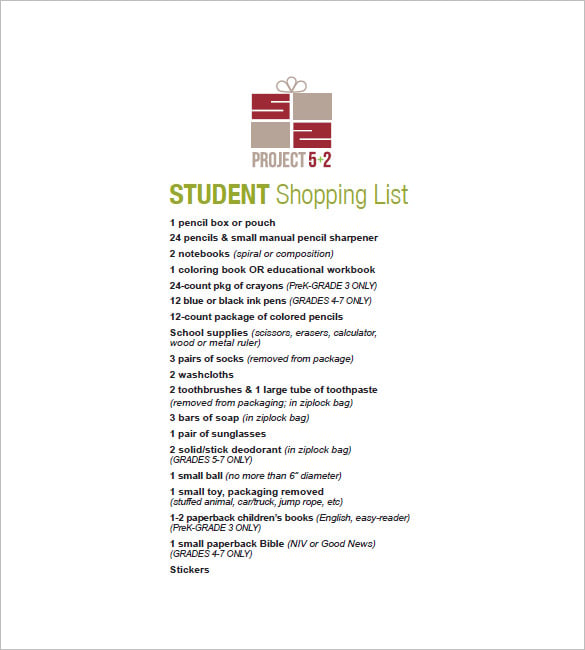 student shopping list