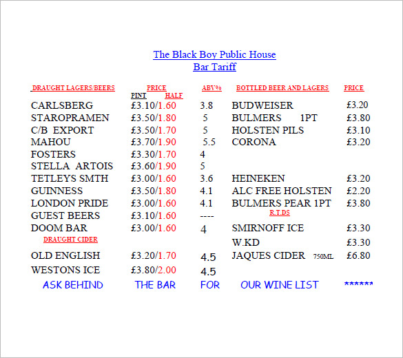 9 Price List Template Free Word Excel PDF Format Download