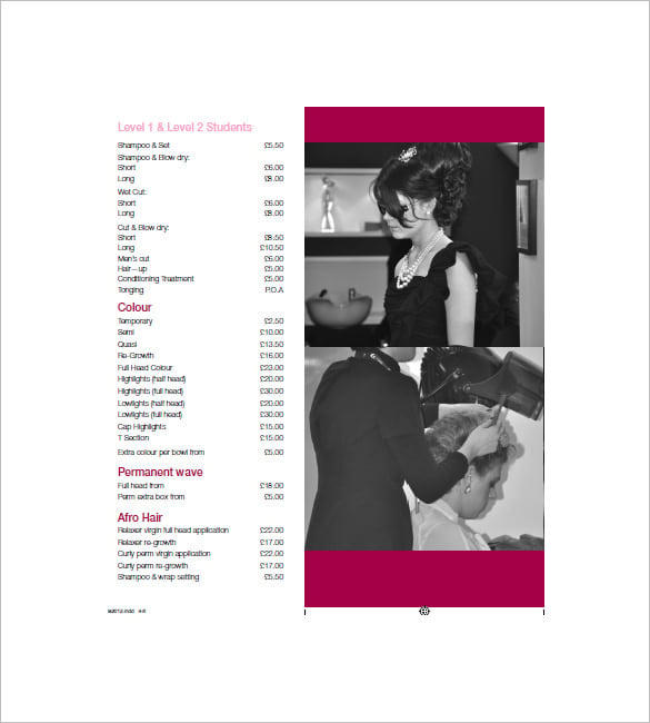 hair salon price list template