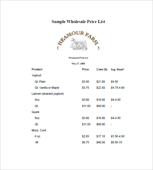 Bakery Wholesale Price List Template